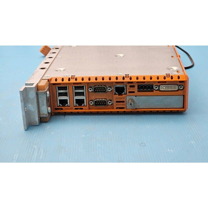 B&R Automation 5PC820.SX01-00 industrial Panel PC, orange and silver casing, featuring various connectors.