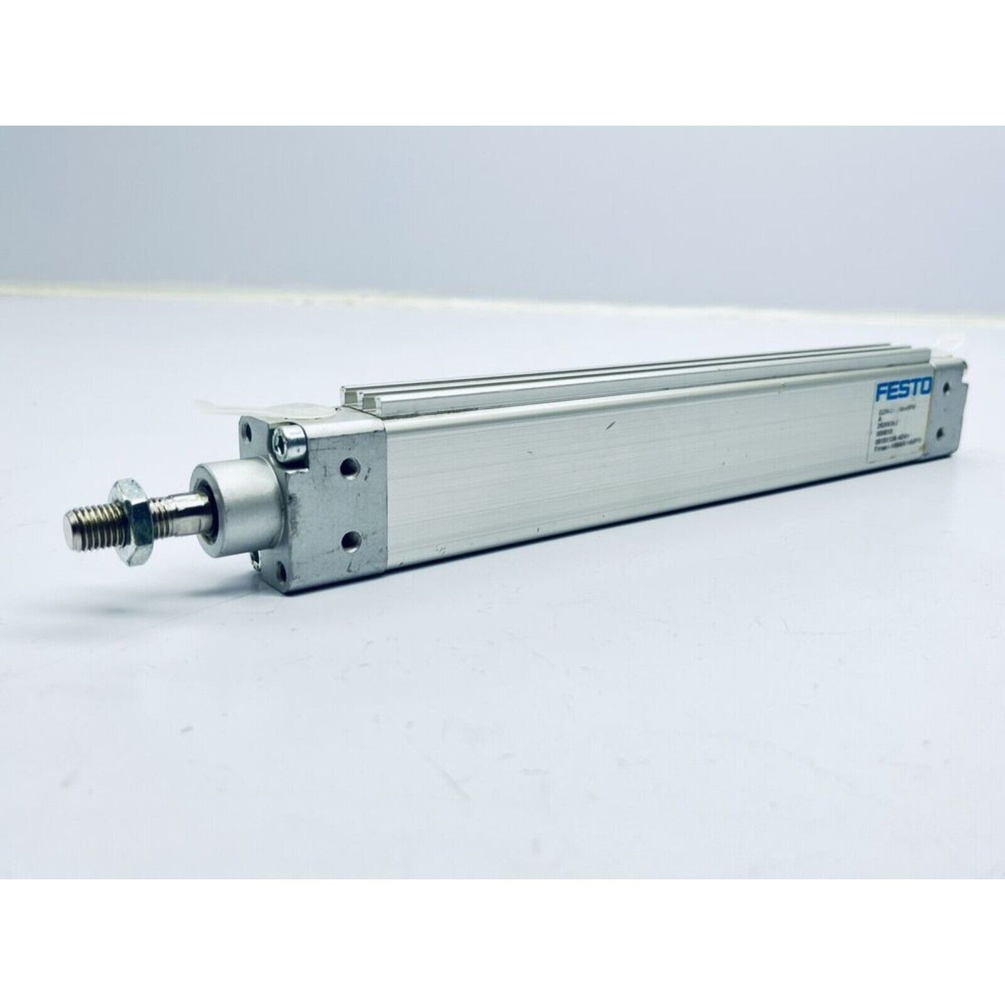 Festo DZH-25-200-PPV-A flat cylinder. Silver pneumatic actuator for industrial automation parts.