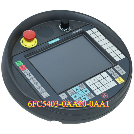 Siemens Sinumerik handheld terminal 6FC5403-0AA20-0AA1 with keypad and emergency stop button, for PLC control.