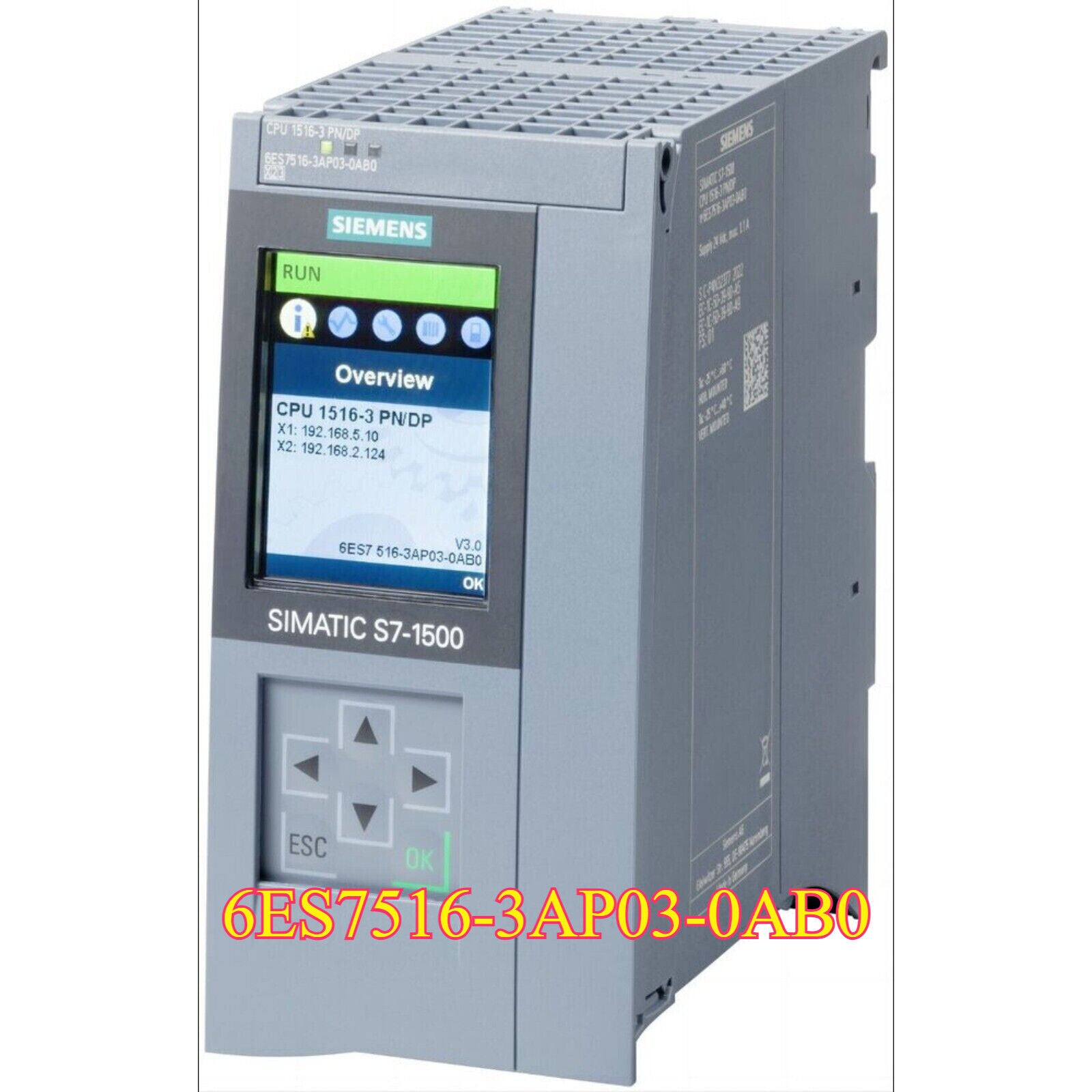 Siemens SIMATIC S7-1500 CPU 1516-3 PN/DP, 6ES7516-3AP03-0AB0 controller with display showing Overview and status.