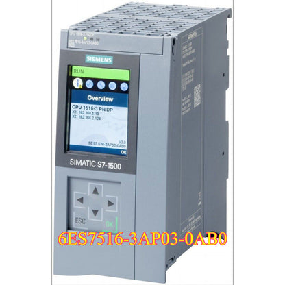 Siemens SIMATIC S7-1500 CPU 1516-3 PN/DP, 6ES7516-3AP03-0AB0 controller with display showing Overview and status.