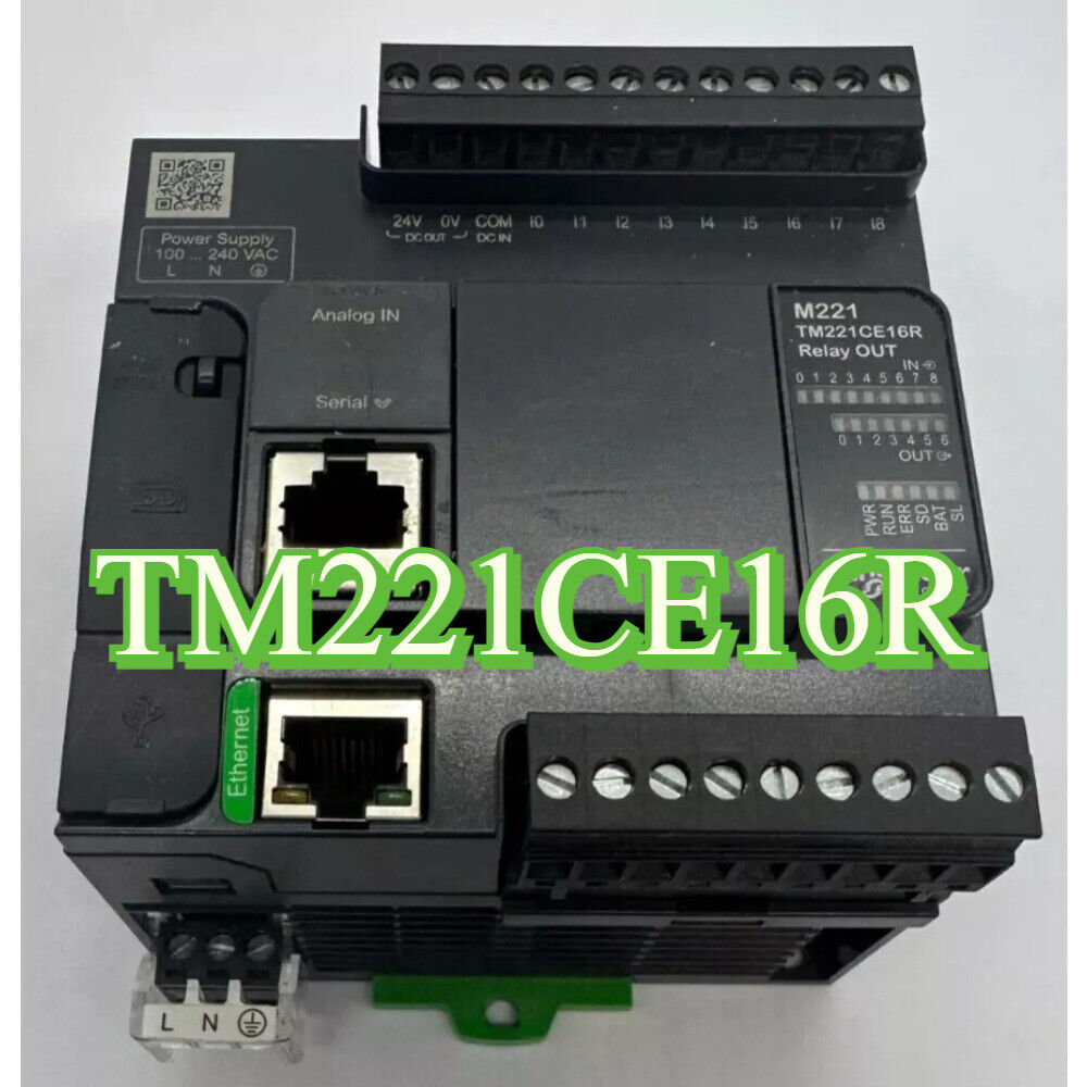 Schneider TM221CE16R PLC module, black industrial automation equipment with Ethernet ports and relay outputs