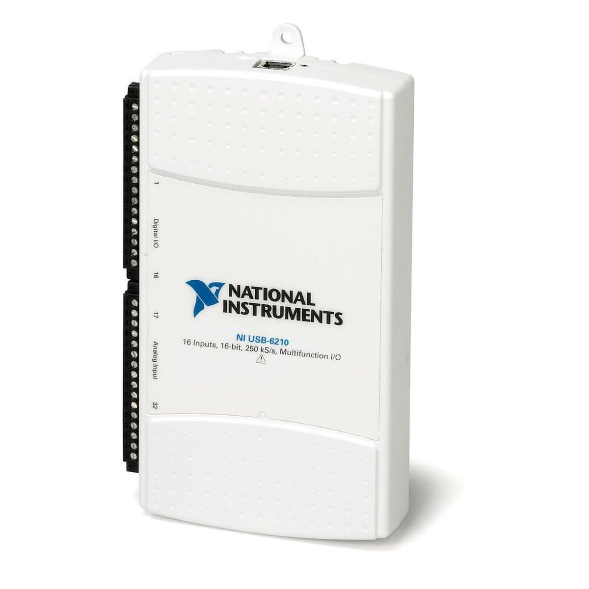 National Instruments USB-6210 Multifunction I/O Device, white case, 16 Inputs, 16-bit, 250 kS/s, for data acquisition.