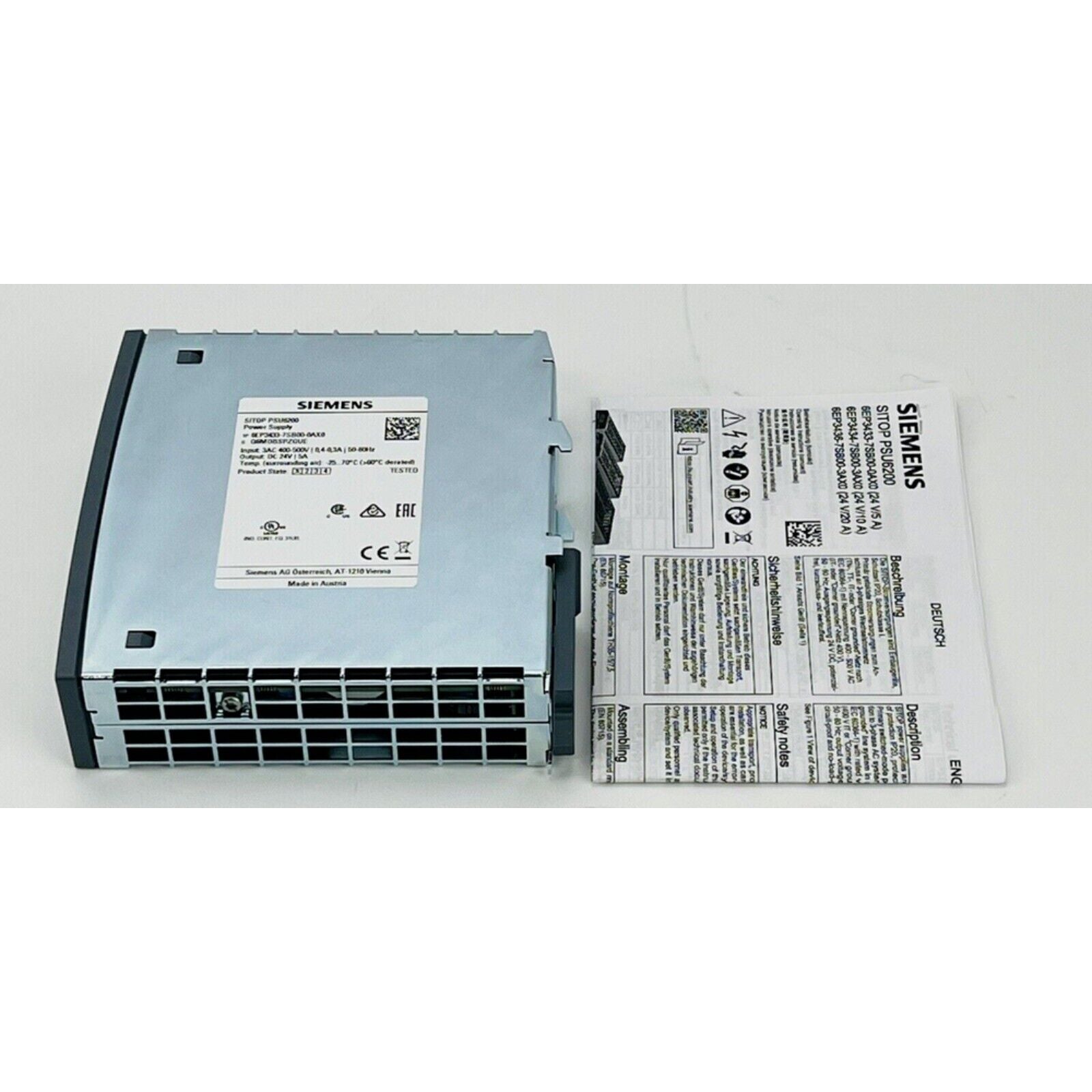 Siemens SITOP PSU6200 Power Supply 6EP3433-7SB00-0AX0, industrial power supply with safety notes, Made in Austria