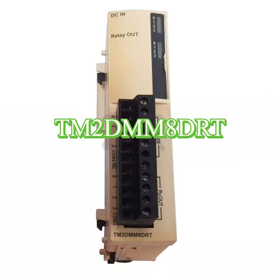 Schneider TM2DMM8DRT PLC Expansion Module, featuring DC IN and Relay OUT connectors.
