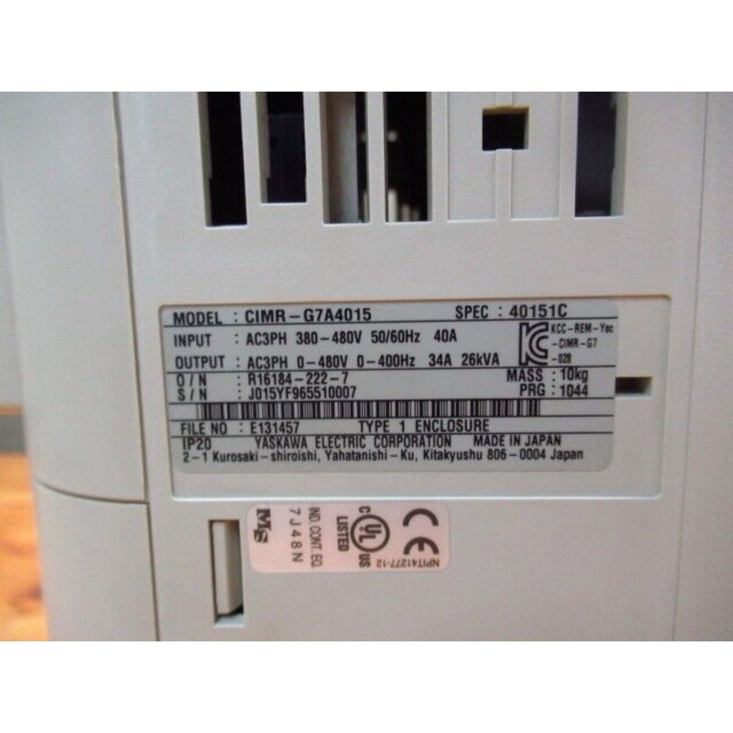 Yaskawa G7 CIMR-G7A4015 Inverter label with specifications: 400V, 40A, made in Japan, IP20.
