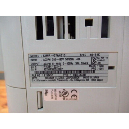 Yaskawa G7 CIMR-G7A4015 Inverter label with specifications: 400V, 40A, made in Japan, IP20.