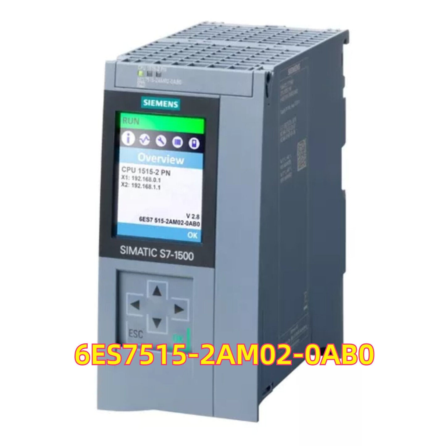 Siemens SIMATIC S7-1500 CPU 1515-2 PN PLC, model 6ES7515-2AM02-0AB0. Display shows Overview.