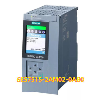 Siemens SIMATIC S7-1500 CPU 1515-2 PN PLC, model 6ES7515-2AM02-0AB0. Display shows Overview.