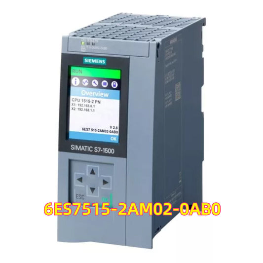 Siemens SIMATIC S7-1500 CPU 1515-2 PN PLC, model 6ES7515-2AM02-0AB0. Display shows Overview.