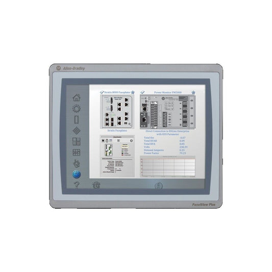 PanelView Plus 7 HMI touchscreen displaying Stratix and Power Monitor data. Allen-Bradley 2711P-T9W21D8S.