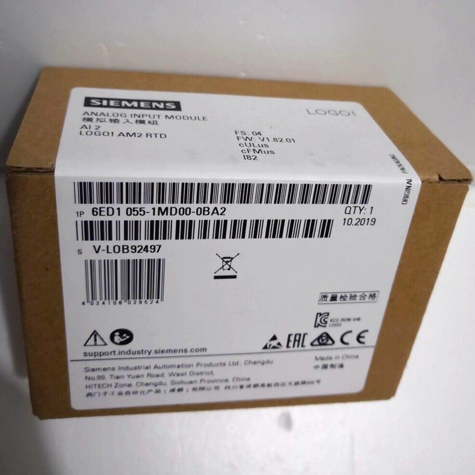 Siemens LOGO! AM2 RTD module packaging, model 6ED1 055-1MD00-0BA2. Industrial automation part.