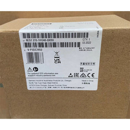 Siemens SIMATIC S7-1200 CPU 1215C box with product information label,  6ES7215-1HG40-0XB0 model.