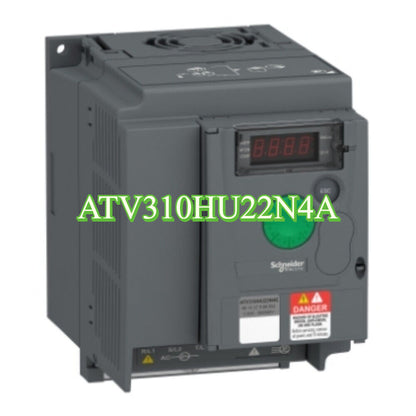 Schneider Electric ATV310HU22N4A Inverter, grey industrial drive with digital display and danger label.