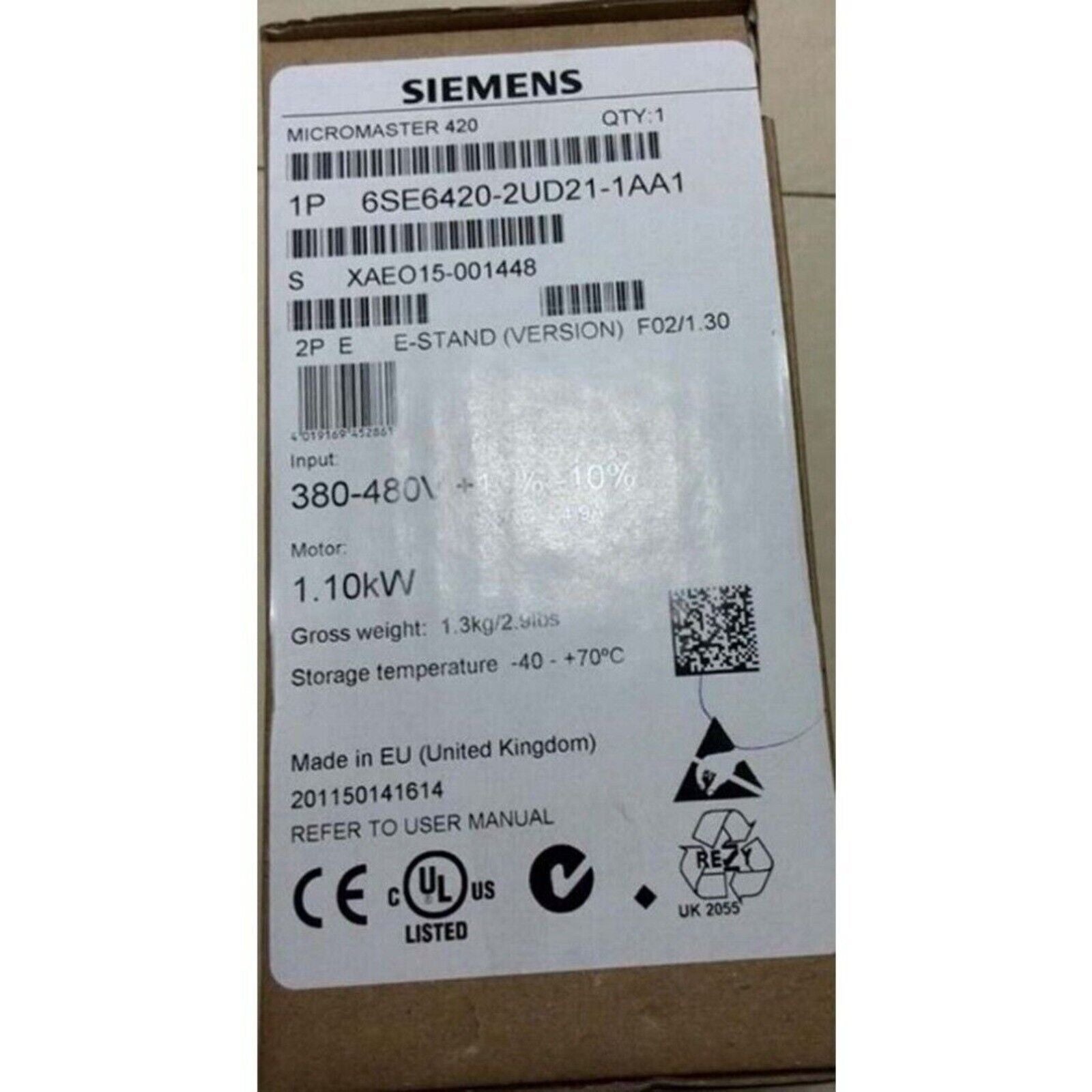 Siemens MICROMASTER 420 drive, 6SE6420-2UD21-1AA1 label, 1.10kW motor, automation part from Radwell.