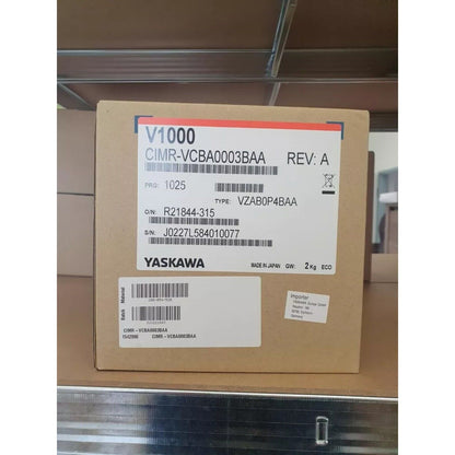 YASKAWA V1000 inverter package, model CIMR-VCBA0003BAA, REV: A, product for industrial automation.
