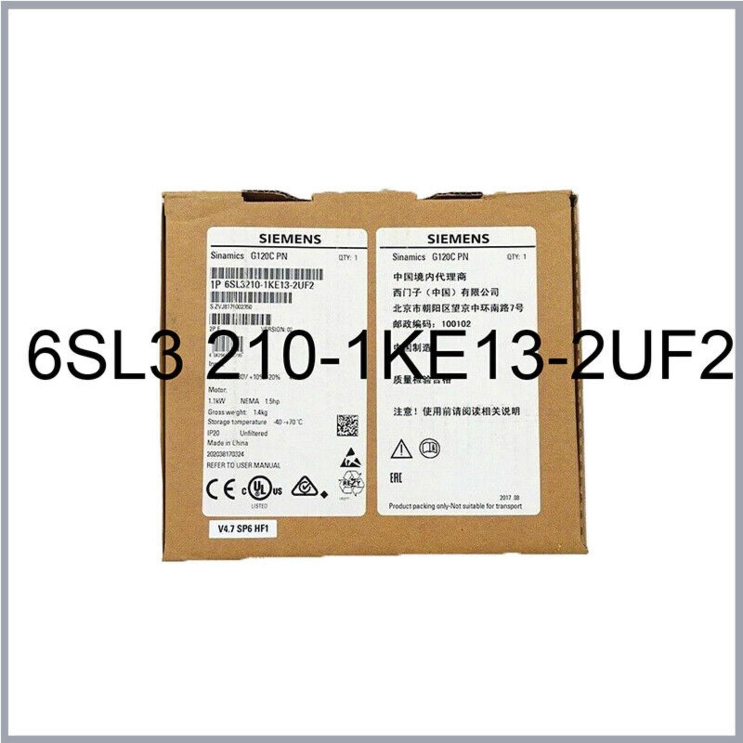 Siemens SINAMICS G120C 6SL3210-1KE13-2UF2 drive in packaging, 1.1KW industrial converter.