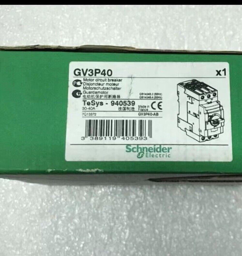 Schneider Electric TeSys GV3P40 motor circuit breaker, product box with specifications.
