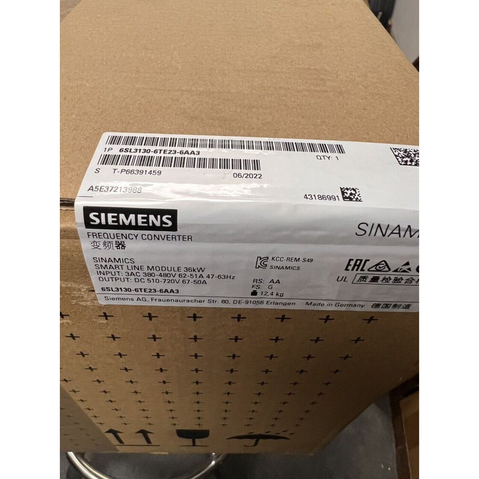 Siemens SINAMICS S120 Smart Line Module 6SL3130-6TE23-6AA3 box, industrial automation part