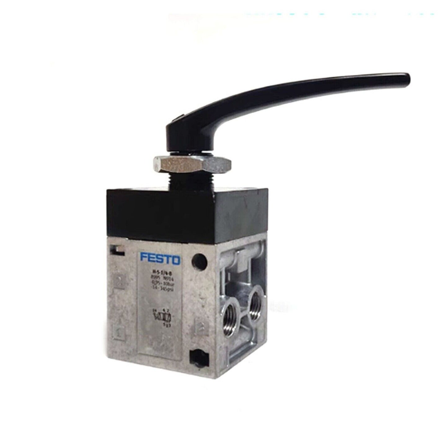 Festo H-5-1/4-B hand lever valve, black lever, silver body, industrial automation part.