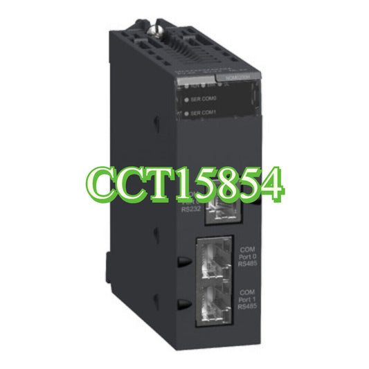 Schneider CCT15854 Timer for DIN Rail. Black industrial automation component with RS232 and RS485 ports.