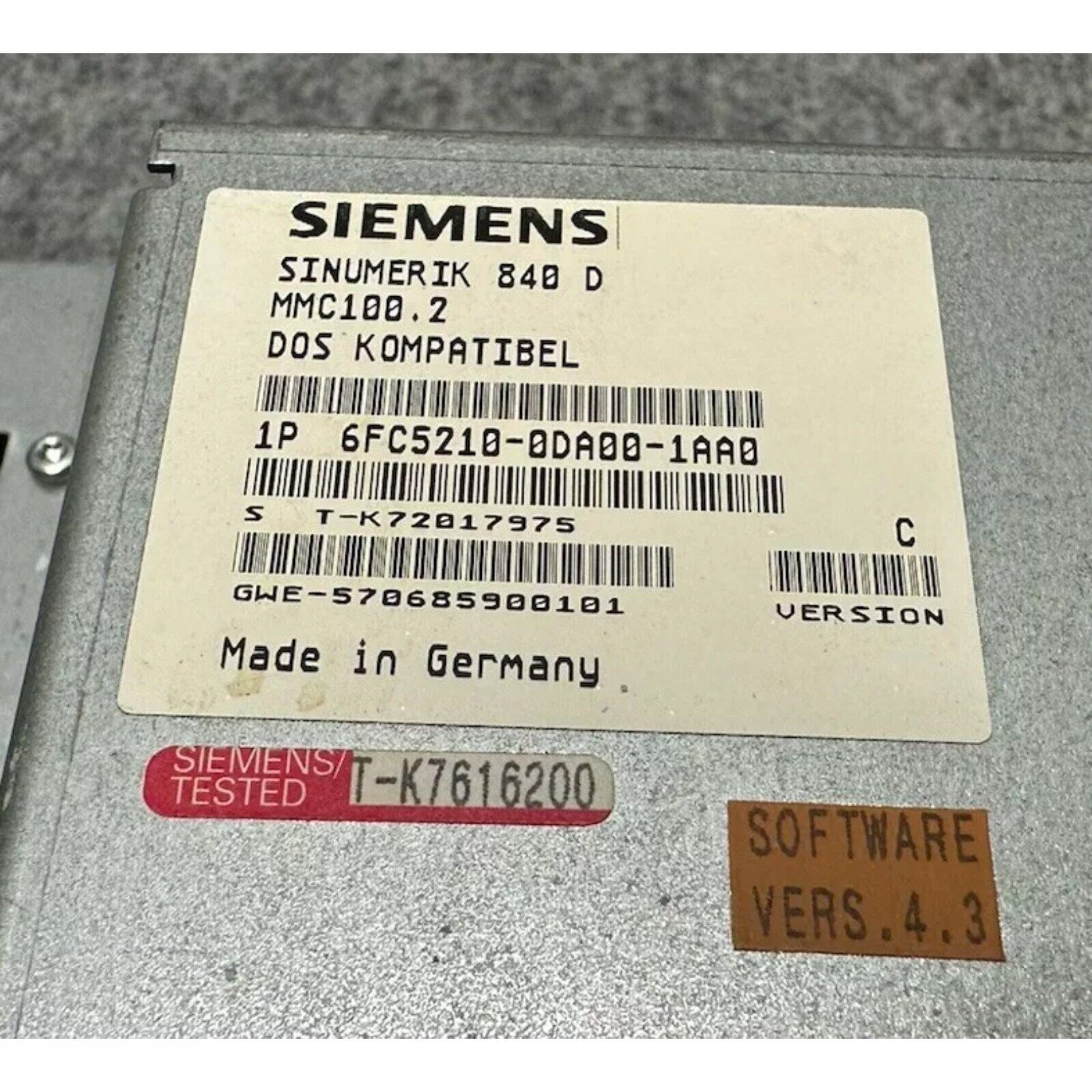 Siemens 6FC5210-0DA00-1AA0 industrial CNC control module. SINUMERIK 840D MMC100.2, Made in Germany, for automation.