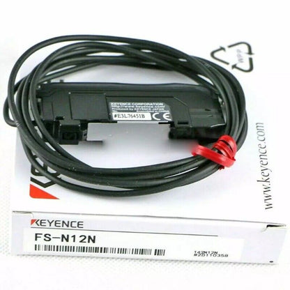 Keyence FS-N12N Fiber Optic Sensor, black sensor with cable and box. New industrial automation part.