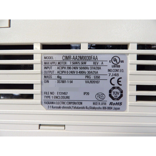 Yaskawa CIMR-AA2M0030FAA A1000 AC Drive with specifications and certifications.
