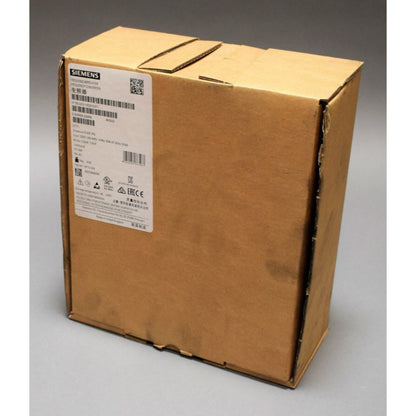 Siemens SINAMICS G120C frequency inverter in brown cardboard packaging with product information label