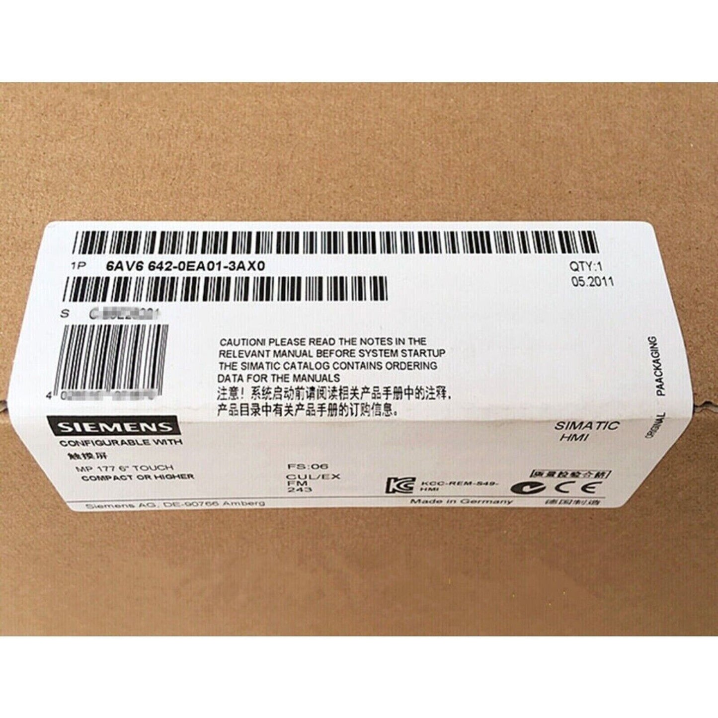 Siemens SIMATIC MP177 6" Touch Panel packaging with product information and barcode