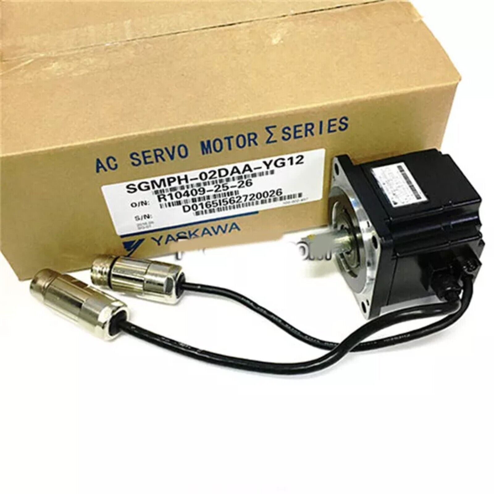 YASKAWA SGMPH-02DAA-YG12 Servo Motor with connectors. Industrial automation part in packaging.