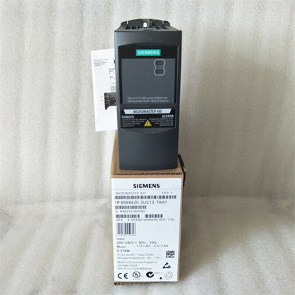 Siemens MICROMASTER 420 VFD (6SE6420-2UC13-7AA1) in packaging, industrial automation equipment.