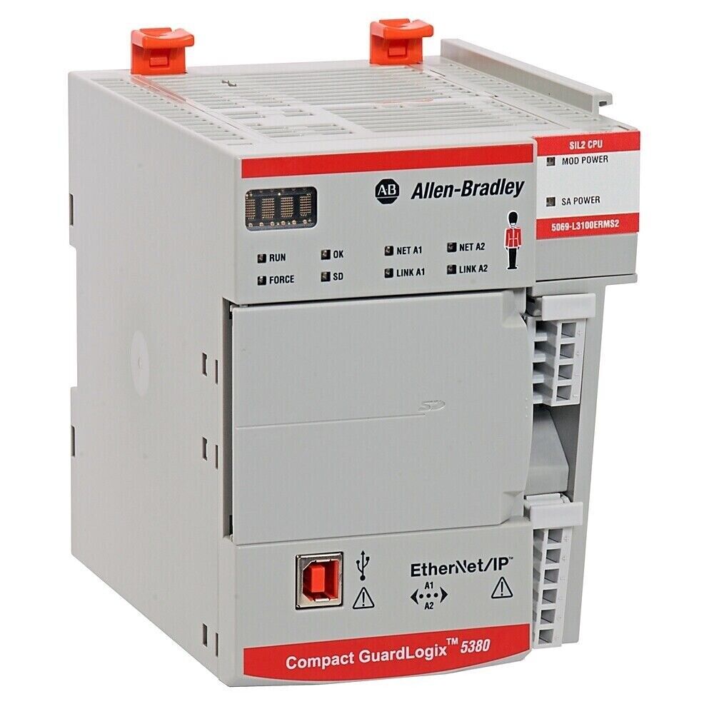 Allen-Bradley Compact GuardLogix 5380 Safety Controller, featuring EtherNet/IP and USB port, SIL2 CPU