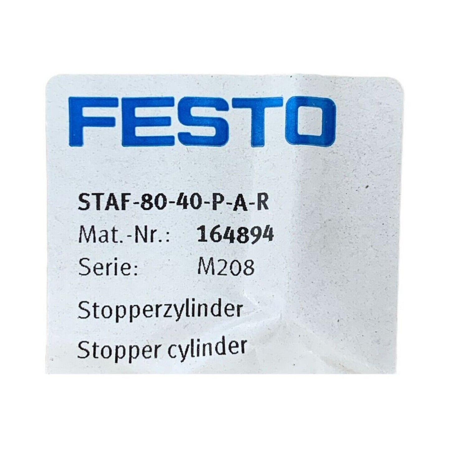 FESTO STAF-80-40-P-A-R Stopper Cylinder label, industrial automation part, with part number 164894