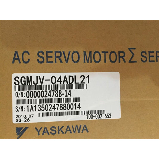 YASKAWA SGMJV-04ADL21 AC Servo Motor on box, featuring serial and part numbers