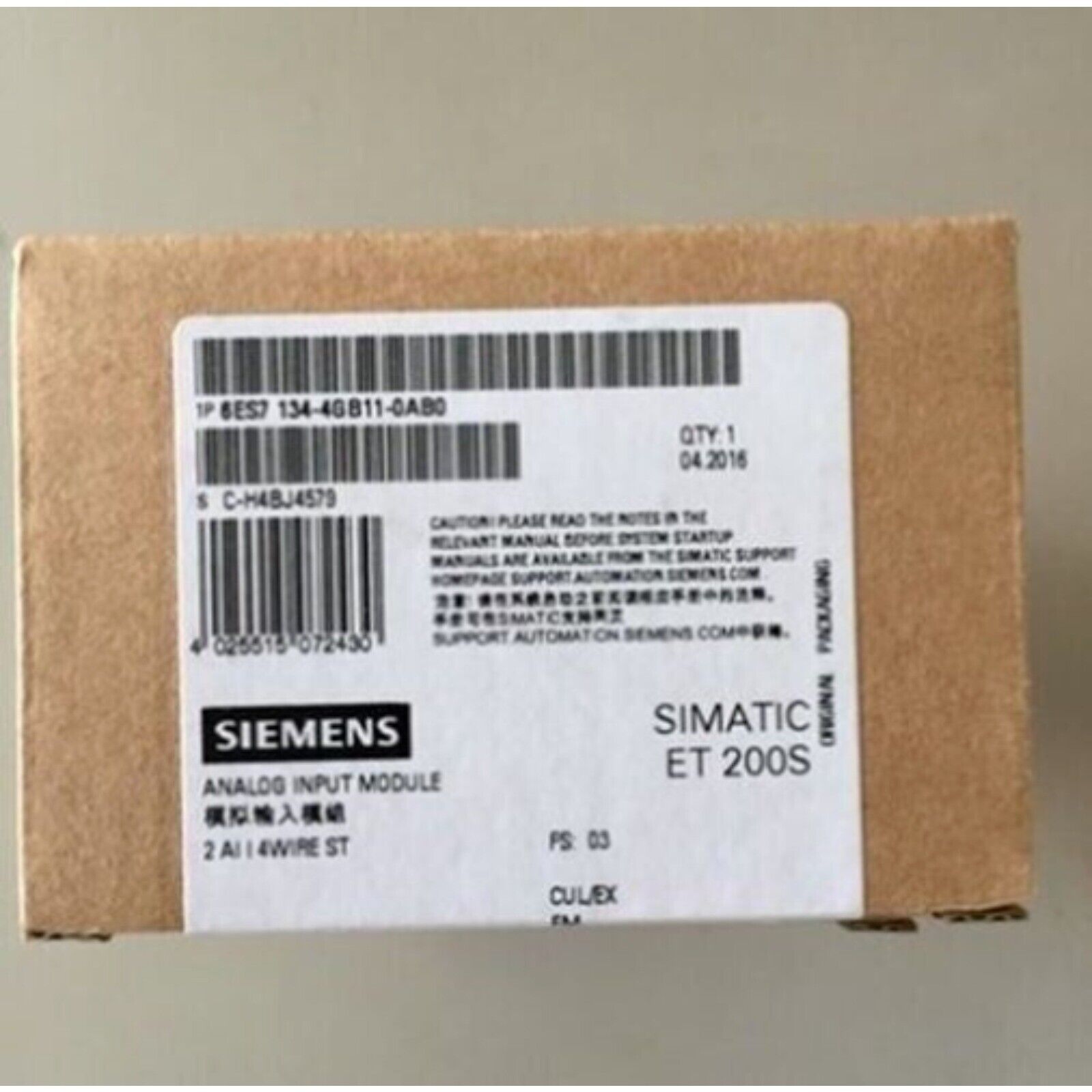 Siemens SIMATIC ET 200S Analog Input Module box, part 6ES7 134-4GB11-0AB0, industrial automation component.