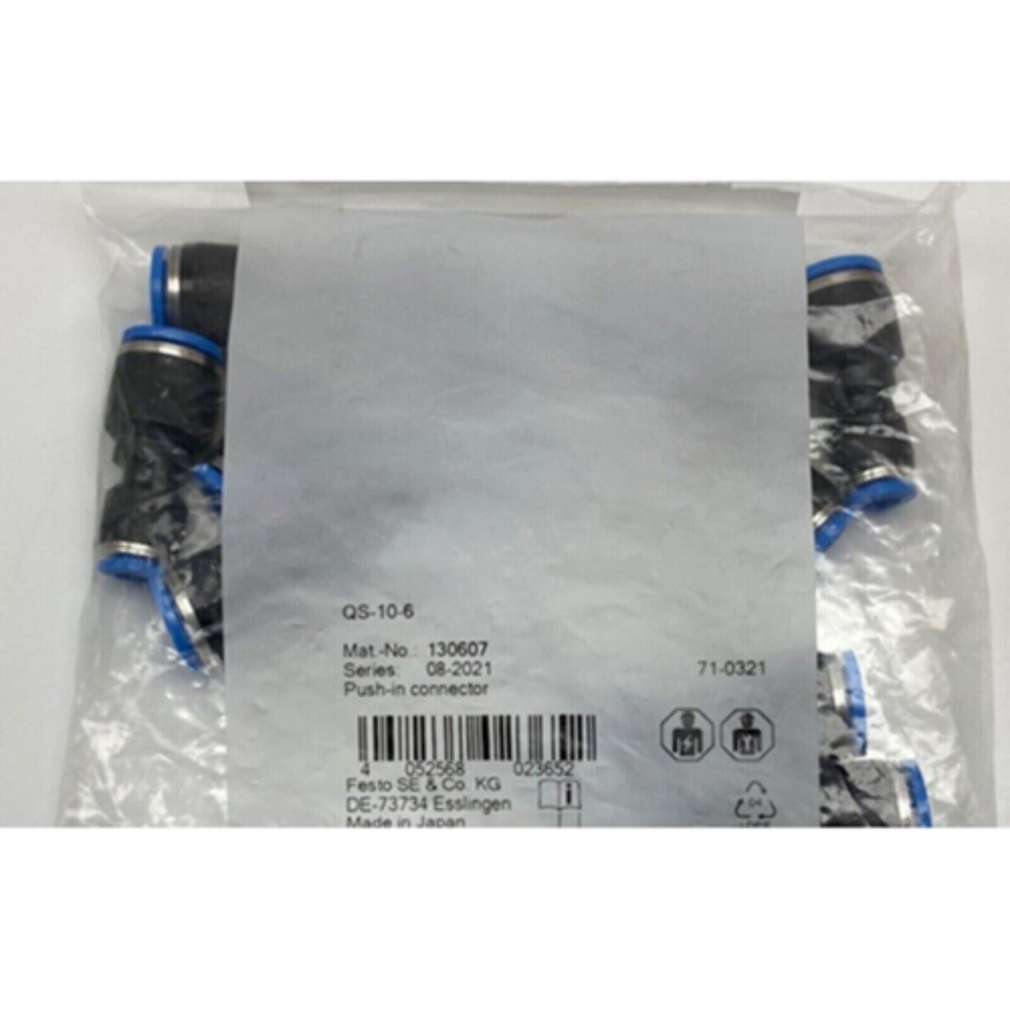 Festo QS-10-6 Push-in Connector in package, black and blue plastic parts, industrial automation component