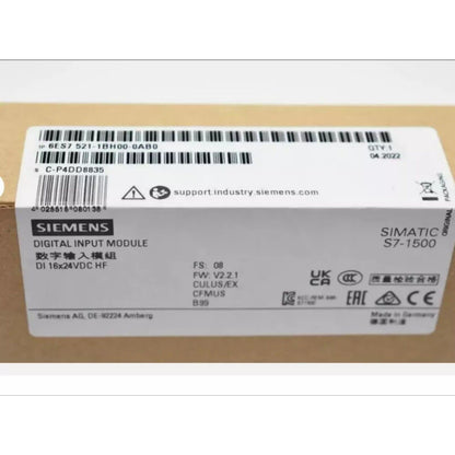 Siemens S7-1500 digital input module packaging, 6ES7521-1BH00-0AB0, with product details and certifications.