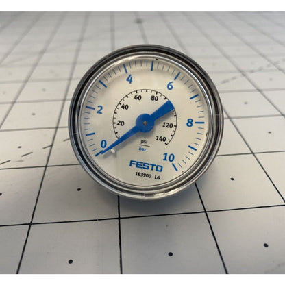 Festo MA-40 Pressure Gauge, White dial with blue indicators, reads pressure in psi and bar.