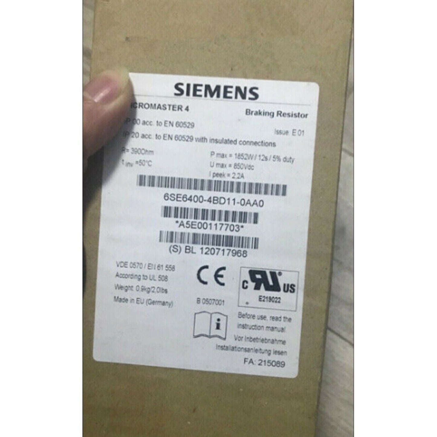 Siemens MICROMASTER 4 Braking Resistor 6SE6400-4BD11-0AA0, industrial automation part