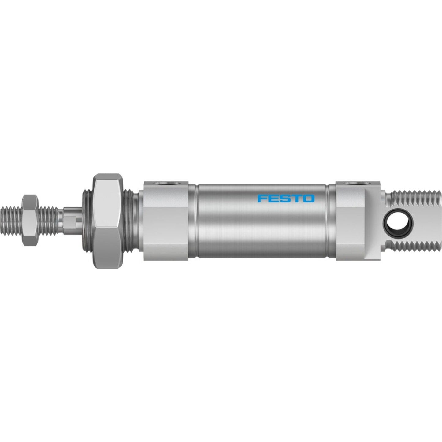 Festo DSNU-25-15-P-A ISO standard pneumatic cylinder, industrial automation component. Silver metal.
