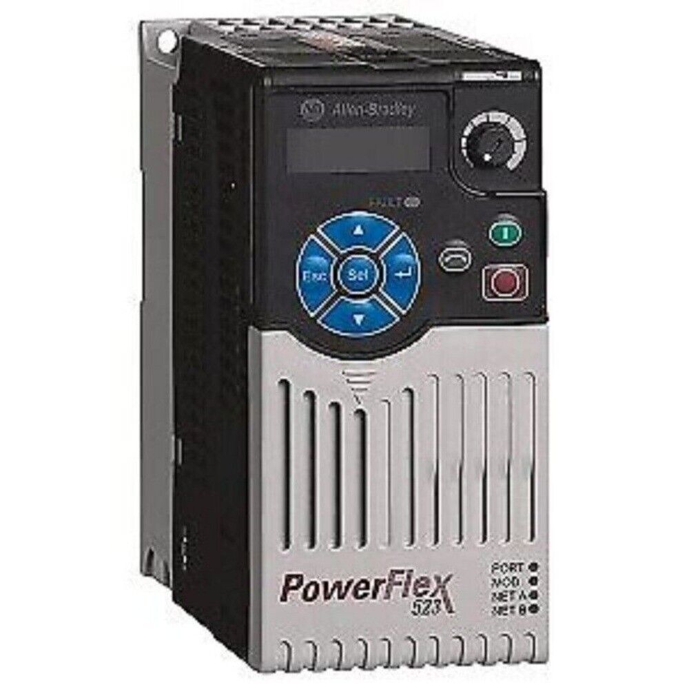 Allen-Bradley PowerFlex 523 AC Drive, 11kW 15Hp model with control panel. PLC module for industrial automation.