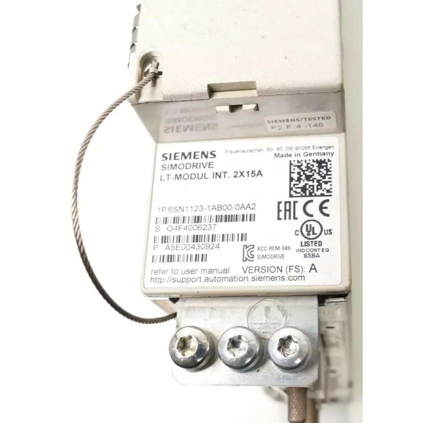 Siemens SIMODRIVE LT-MODUL INT. 2X15A power module, industrial automation part, with detailed specifications.