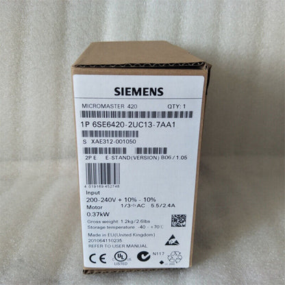 Siemens MICROMASTER 420 VFD packaging box, model 6SE6420-2UC13-7AA1, industrial automation part
