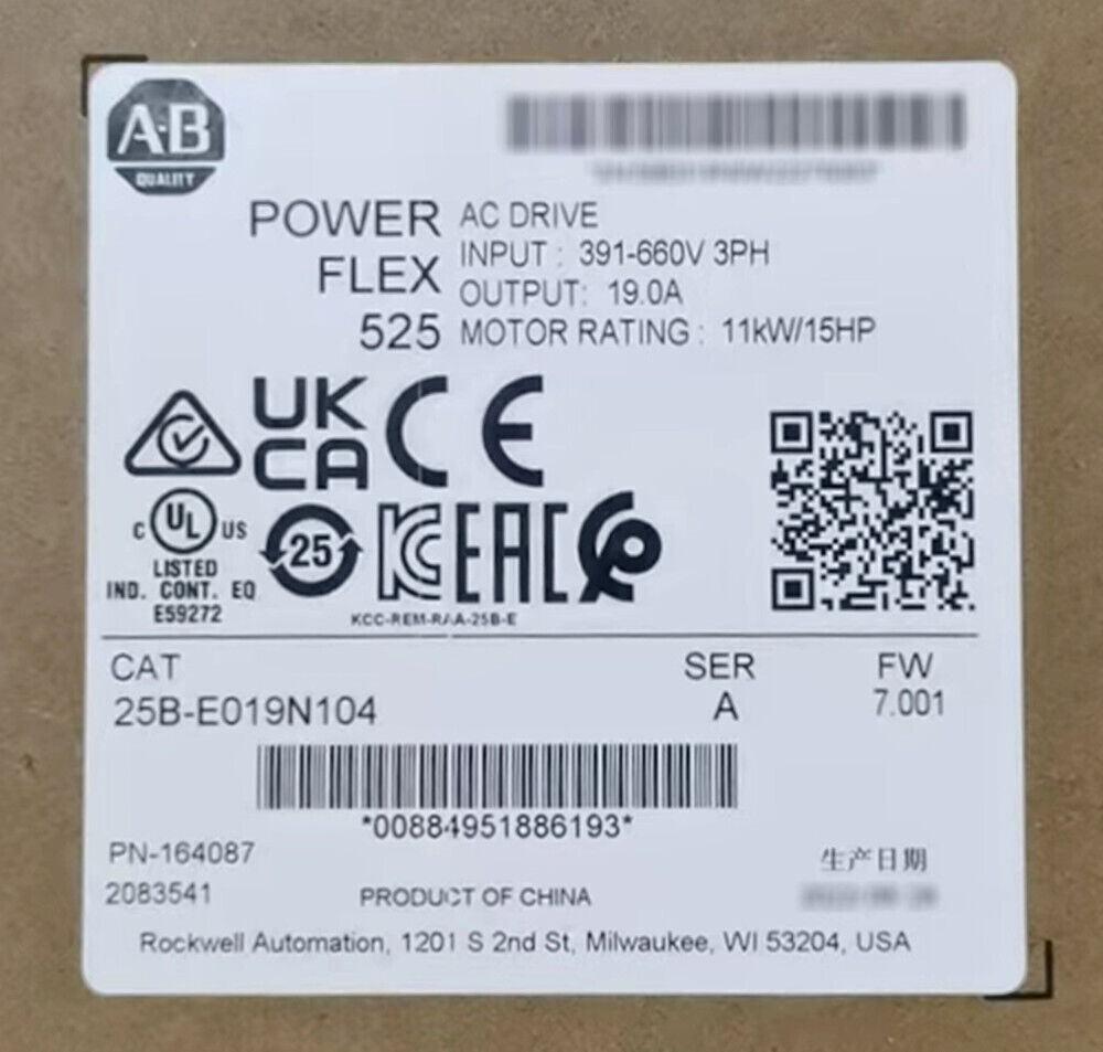 Allen-Bradley PowerFlex 525 AC Drive label: 25B-E019N104, 11kW/15HP, with key specs and certifications.