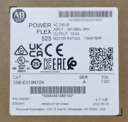 Allen-Bradley PowerFlex 525 AC Drive label: 25B-E019N104, 11kW/15HP, with key specs and certifications.