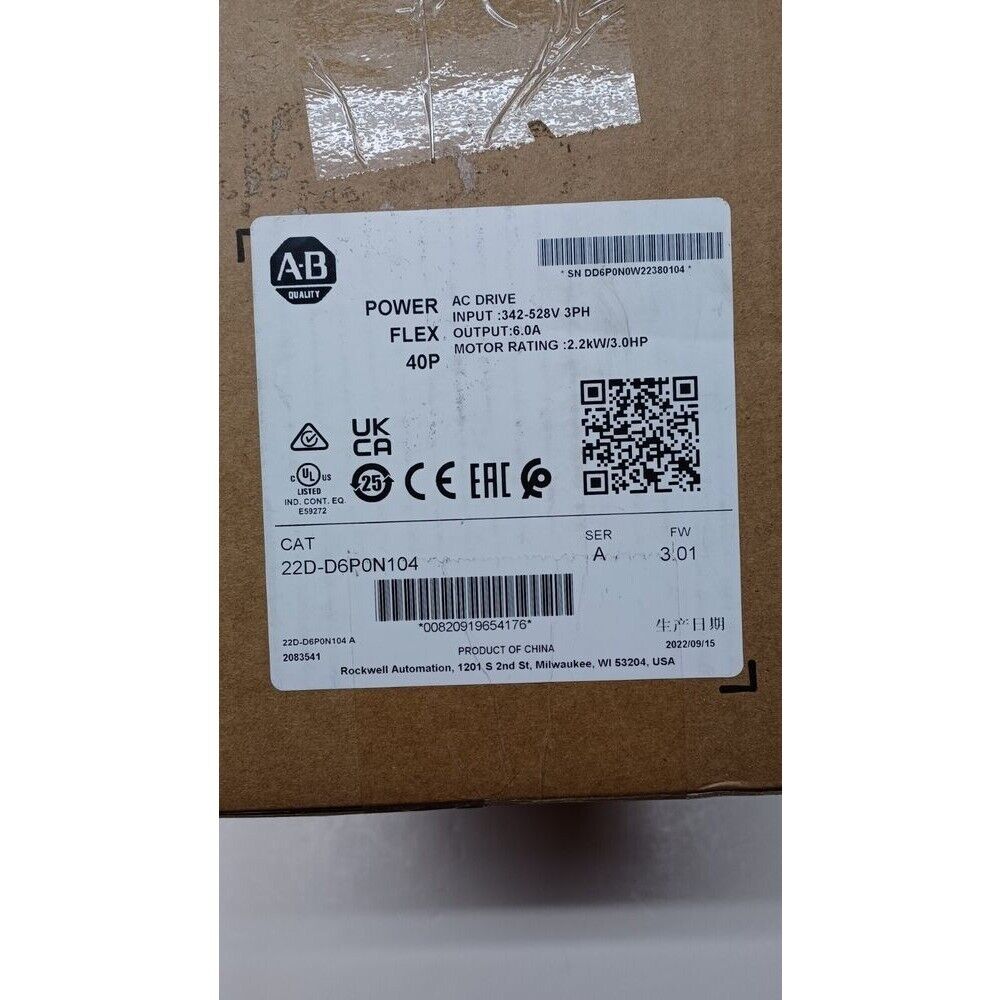 Allen-Bradley PowerFlex 40P AC Drive 22D-D6P0N104 product label, 2.2kW/3.0HP motor rating, industrial automation component.