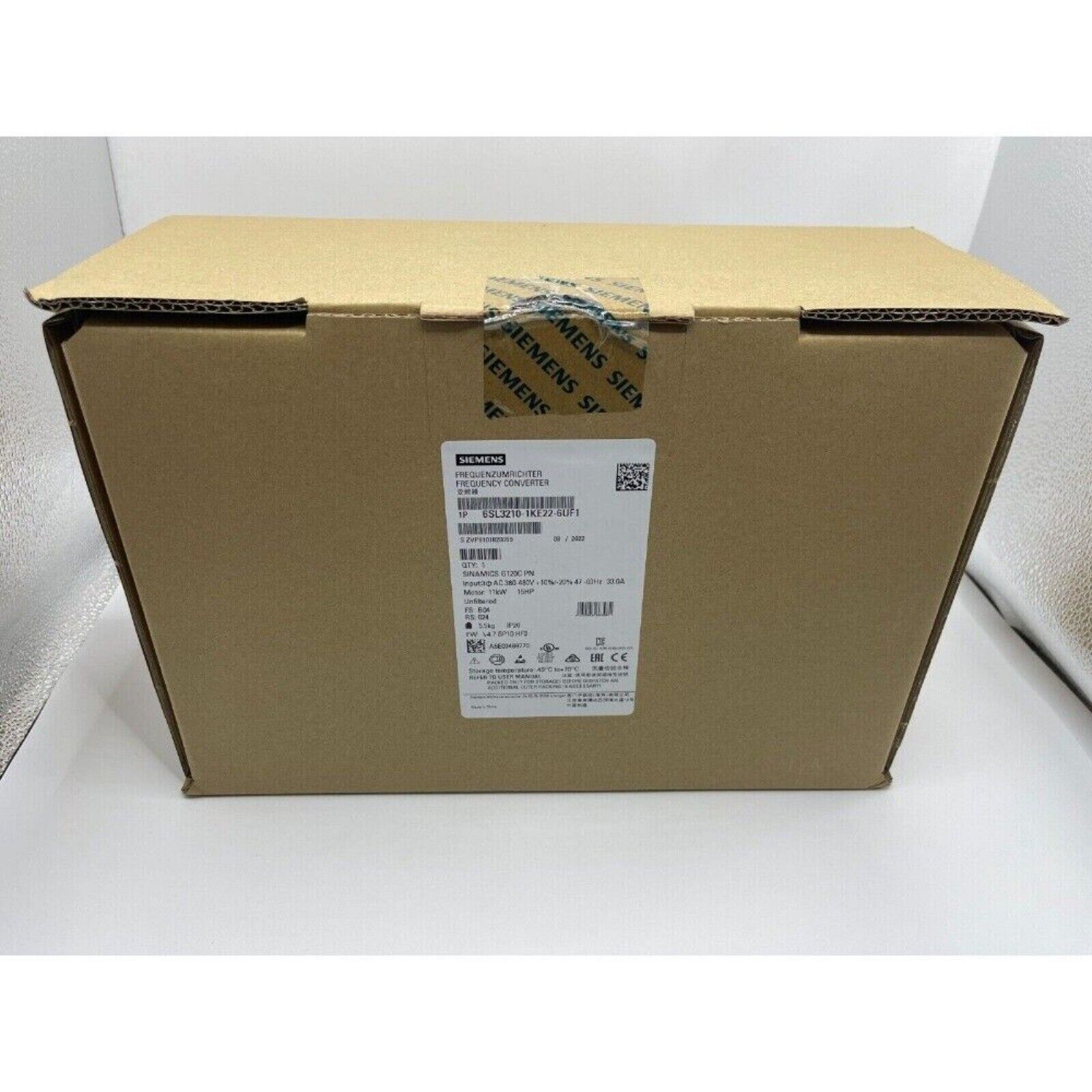 Siemens SINAMICS G120C Frequency Inverter in a cardboard box, model 6SL3210-1KE22-6UF1, new industrial automation equipment