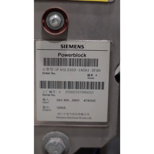 Siemens Powerblock 6SL3353-1AG41-2FA0. PLC component with 1200A output, industrial automation part
