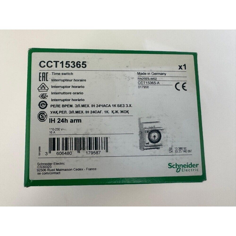 Schneider Electric CCT15365 Time Switch, Product label showing technical specifications and certifications.